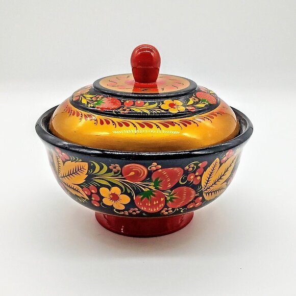 Hand Crafted Other - Russian Khokhloma Folk Art Painted Round Wood Covered Bowl